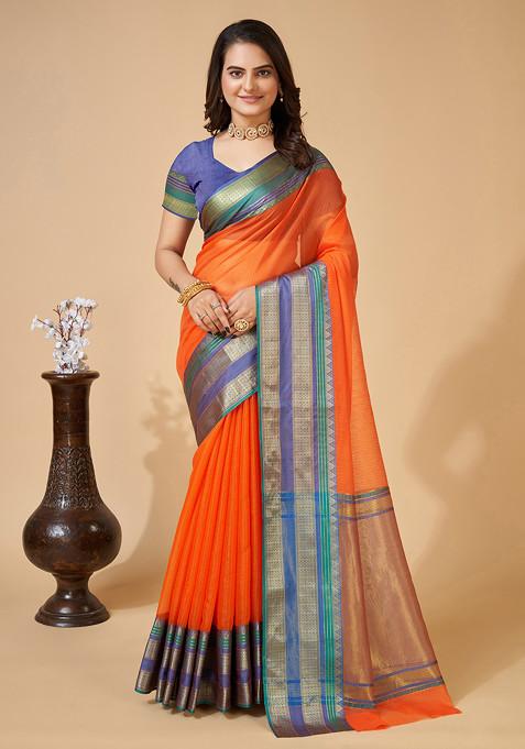 Orange Zari Woven Kota Doria Silk Saree Set