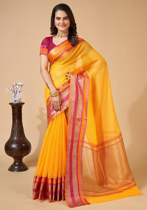 Yellow Zari Woven Kota Doria Silk Saree Set