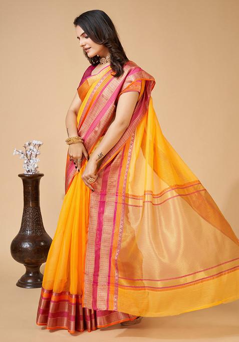 Yellow Zari Woven Kota Doria Silk Saree Set