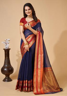 Navy Blue Zari Woven Kota Doria Silk Saree Set