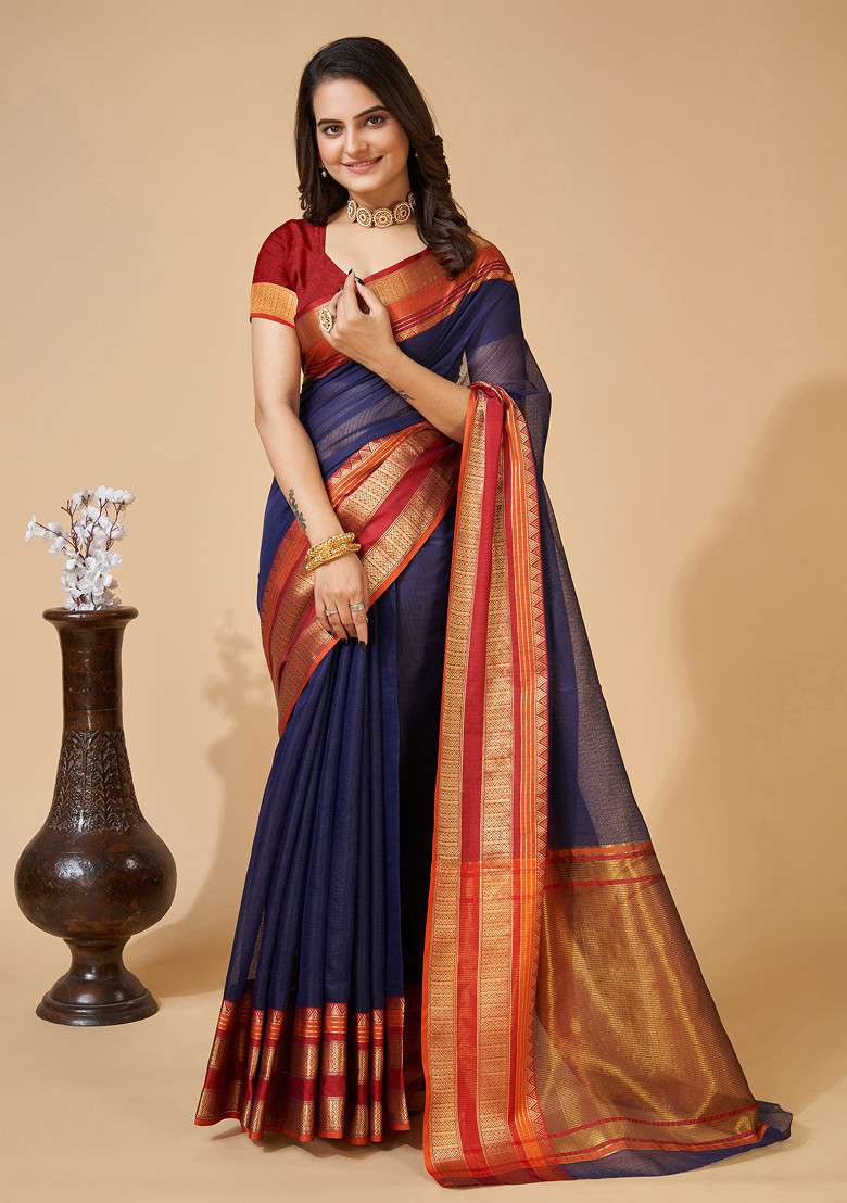 Navy Blue Zari Woven Kota Doria Silk Saree Set for Diwali | Wedding & Festive Wear - Indya