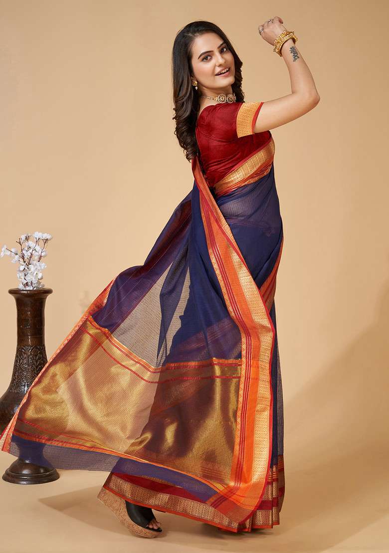 Navy Blue Zari Woven Kota Doria Silk Saree Set for Diwali | Wedding & Festive Wear - Indya