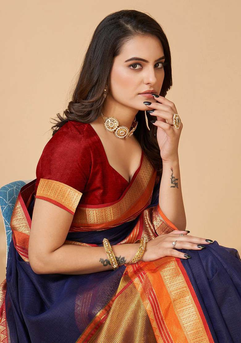 Navy Blue Zari Woven Kota Doria Silk Saree Set for Diwali | Wedding & Festive Wear - Indya