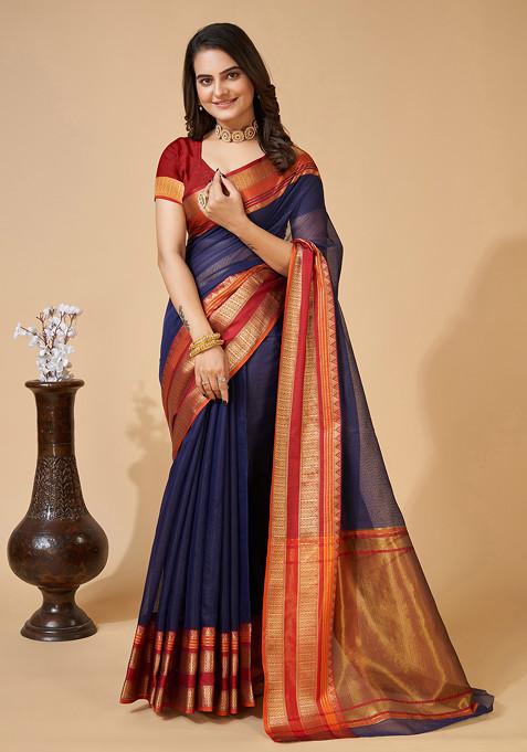 Navy Blue Zari Woven Kota Doria Silk Saree Set