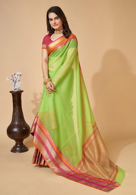 Parrot Green Zari Woven Kota Doria Silk Saree Set