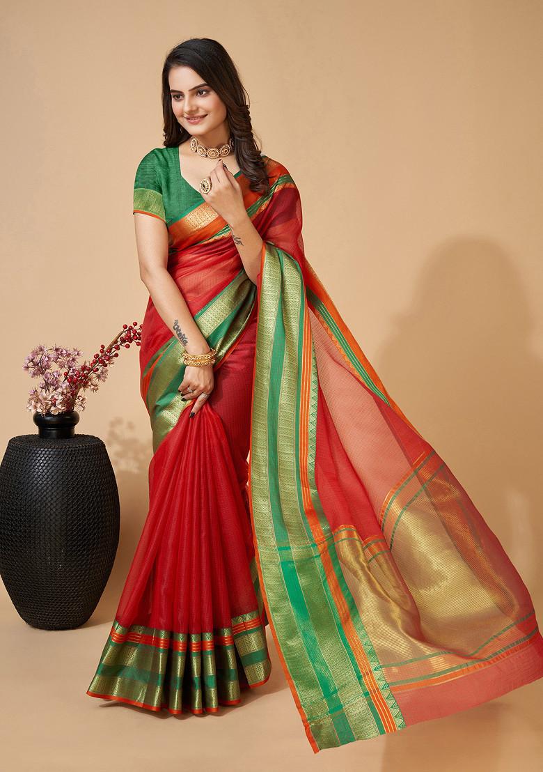 Maroon Zari Woven Kota Doria Silk Saree Set