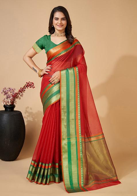 Maroon Zari Woven Kota Doria Silk Saree Set