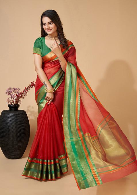 Maroon Zari Woven Kota Doria Silk Saree Set