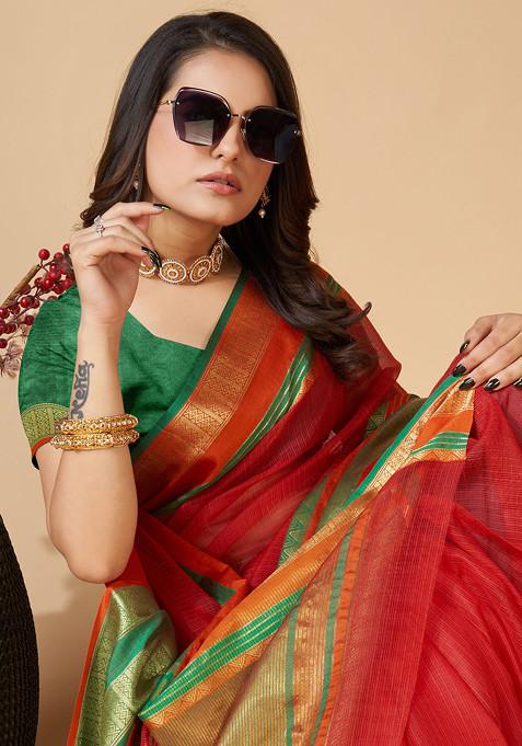 Maroon Zari Woven Kota Doria Silk Saree Set