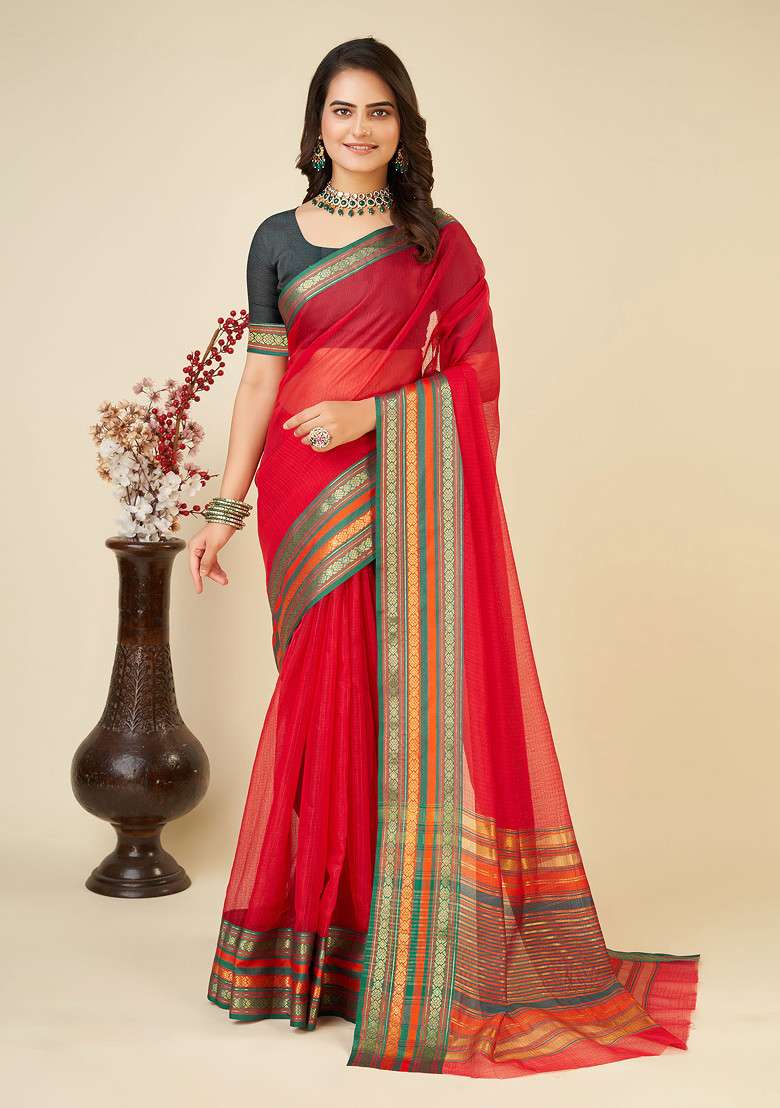 Red Zari Woven Kota Doria Silk Saree Set for Diwali and Festive Wear - Indya