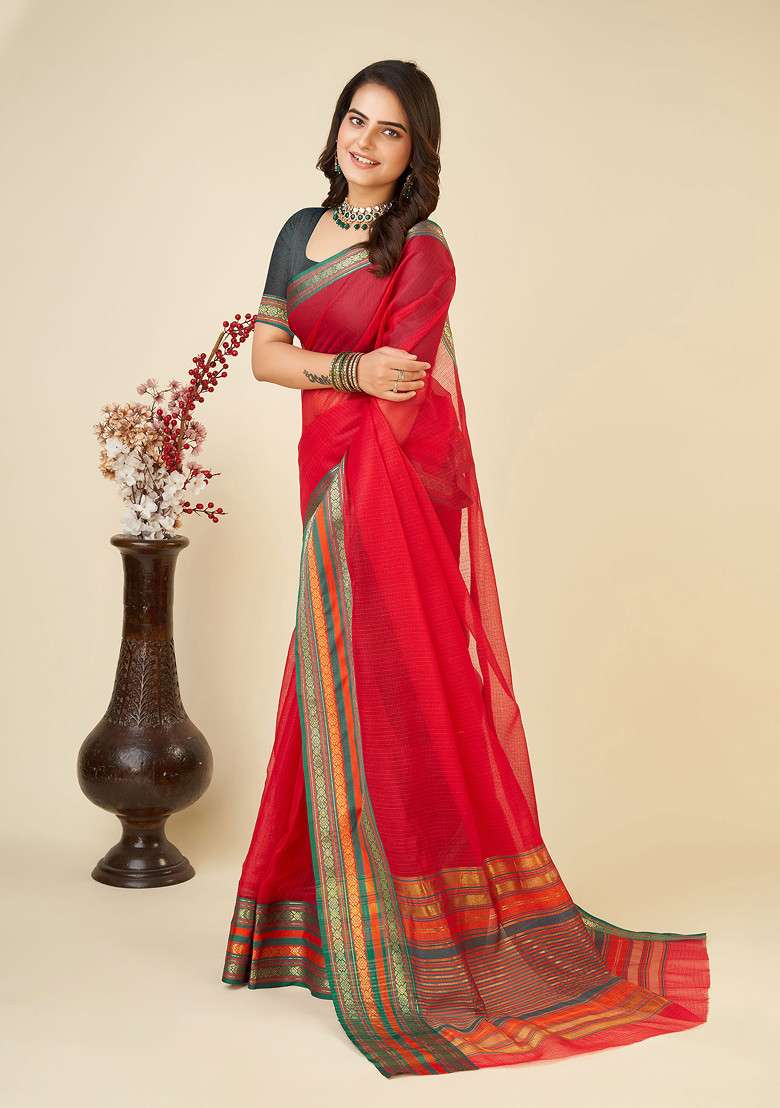 Red Zari Woven Kota Doria Silk Saree Set for Diwali and Festive Wear - Indya