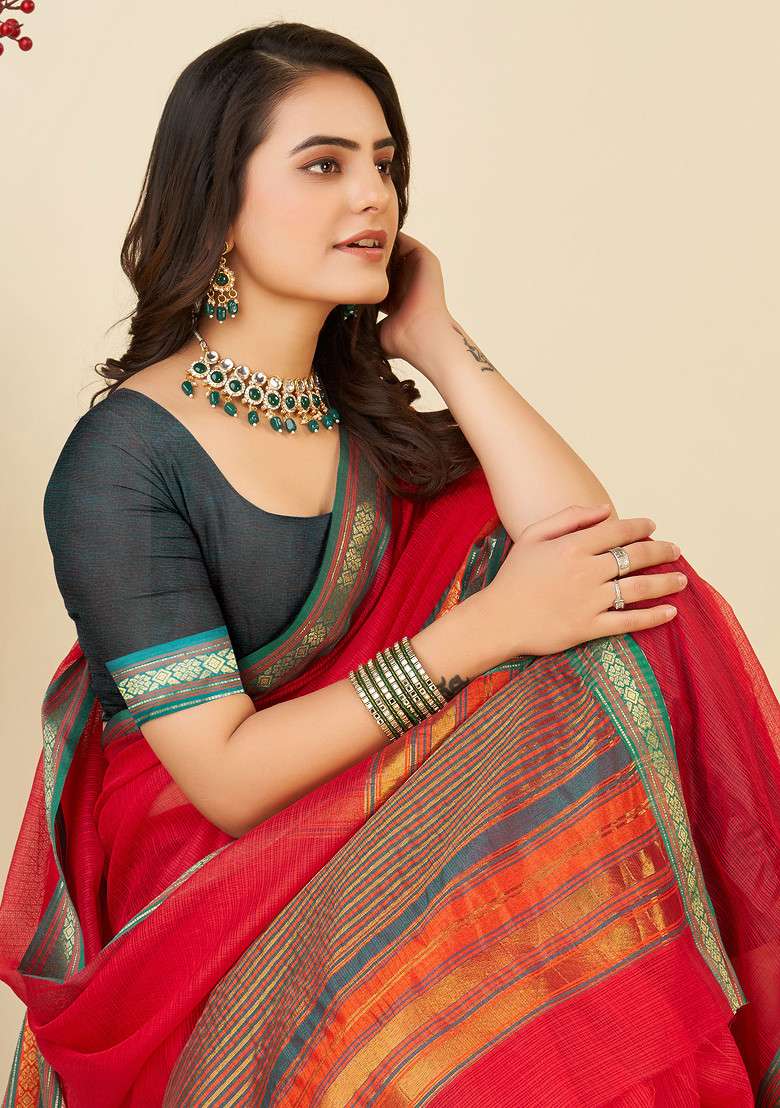 Red Zari Woven Kota Doria Silk Saree Set for Diwali and Festive Wear - Indya