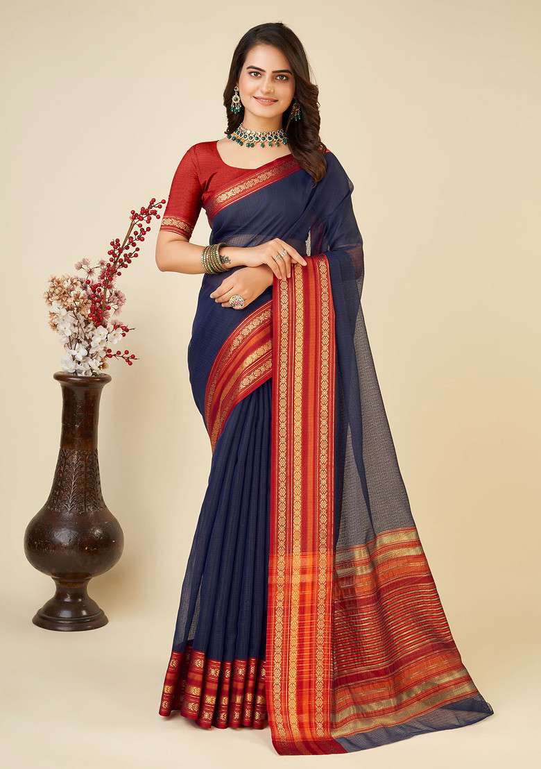 Navy Blue Zari Woven Kota Doria Silk Saree Set for Diwali | Wedding & Festive Wear - Indya