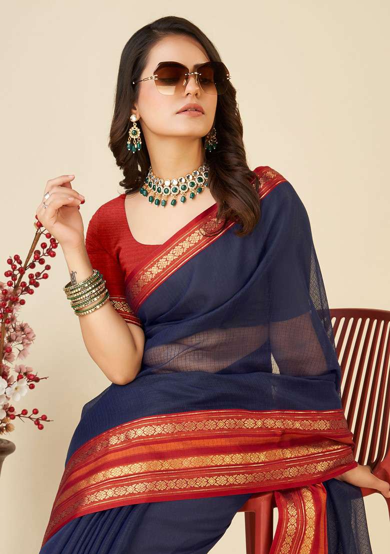 Navy Blue Zari Woven Kota Doria Silk Saree Set for Diwali | Wedding & Festive Wear - Indya