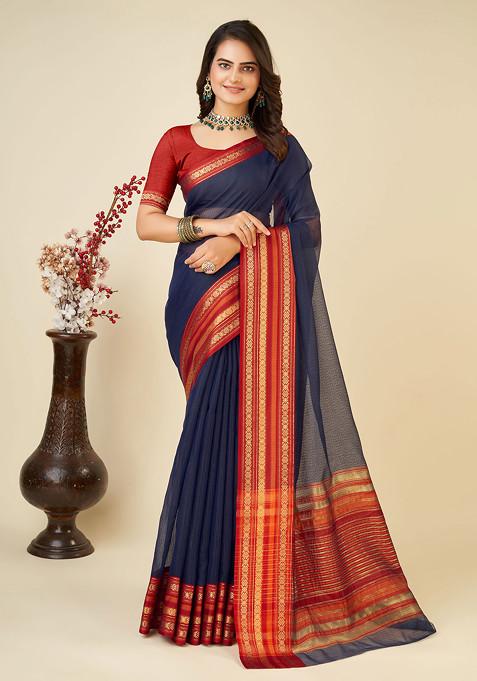 Navy Blue Zari Woven Kota Doria Silk Saree Set