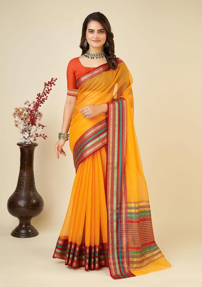 Yellow Zari Woven Kota Doria Silk Saree Set