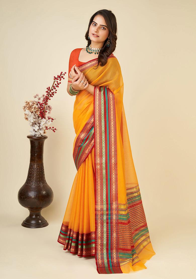 Yellow Zari Woven Kota Doria Silk Saree Set