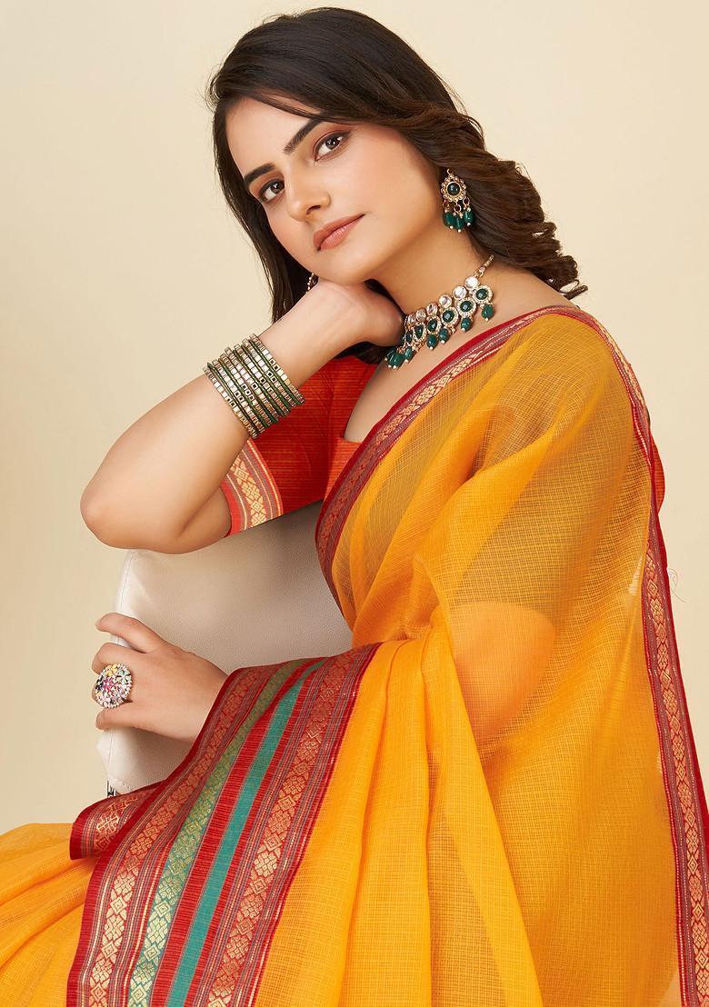 Yellow Zari Woven Kota Doria Silk Saree Set