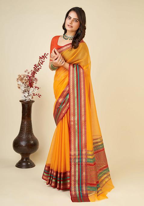 Yellow Zari Woven Kota Doria Silk Saree Set