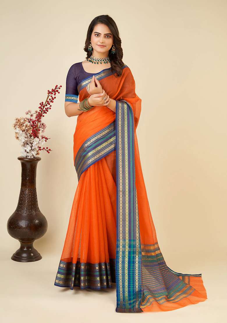 Orange Zari Woven Kota Doria Silk Saree Set for Diwali and Festive Wear - Indya