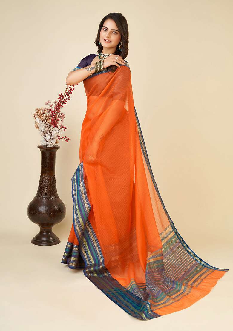 Orange Zari Woven Kota Doria Silk Saree Set for Diwali and Festive Wear - Indya