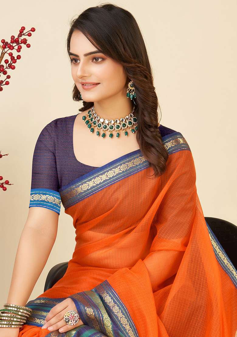 Orange Zari Woven Kota Doria Silk Saree Set for Diwali and Festive Wear - Indya