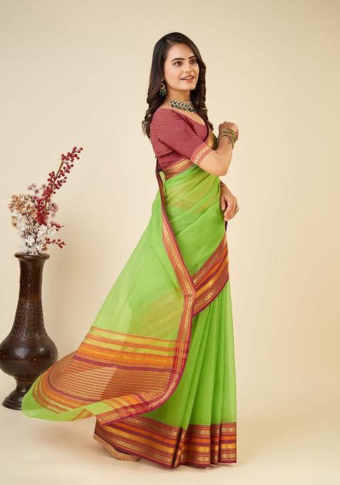 Green Zari Woven Kota Doria Silk Saree Set