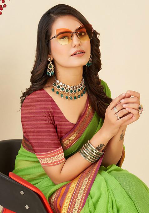 Green Zari Woven Kota Doria Silk Saree Set