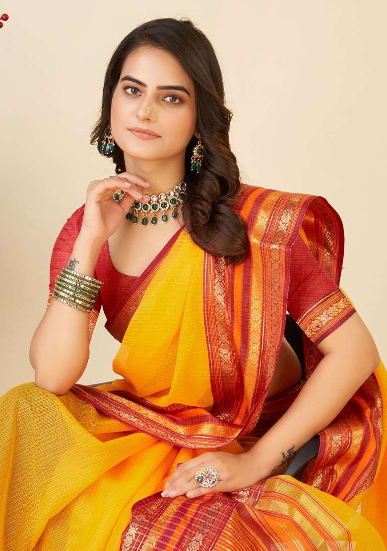 Mustard Zari Woven Kota Doria Silk Saree Set for Diwali and Festive Wear - Indya
