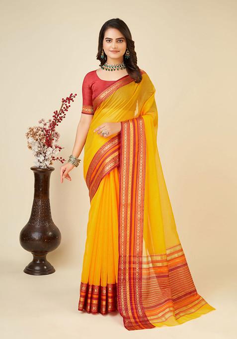 Mustard Zari Woven Kota Doria Silk Saree Set