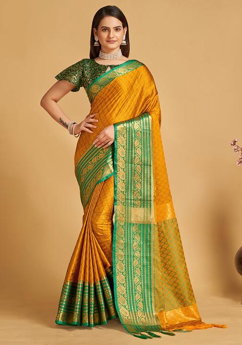 Yellow Zari Woven Soft Silk Saree Set