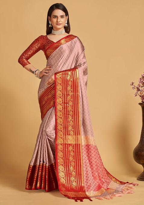 Peach Zari Woven Soft Silk Saree Set