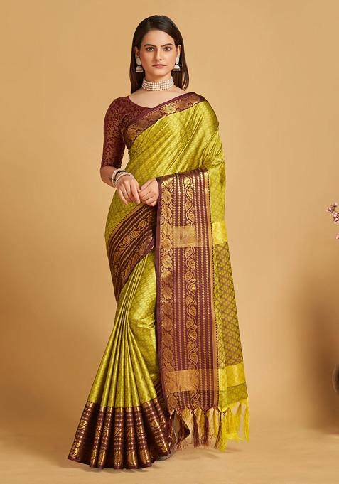 Lemon Green Zari Woven Soft Silk Saree Set