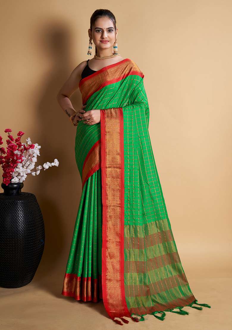 Green Woven Soft Silk Saree Set for Diwali | Wedding & Festive Wear - Indya