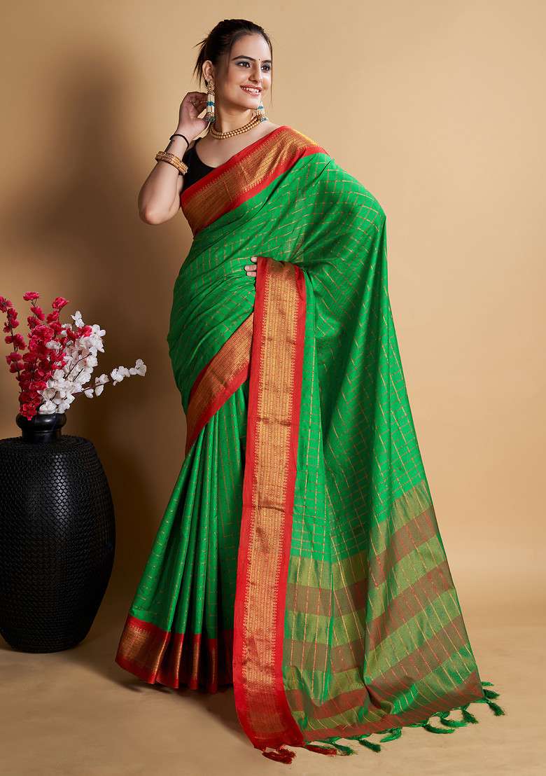 Green Woven Soft Silk Saree Set for Diwali | Wedding & Festive Wear - Indya