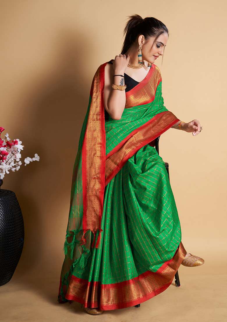 Green Woven Soft Silk Saree Set for Diwali | Wedding & Festive Wear - Indya
