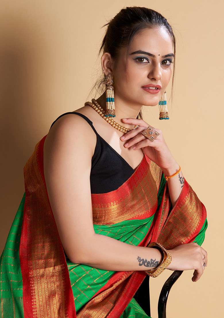 Green Woven Soft Silk Saree Set for Diwali | Wedding & Festive Wear - Indya