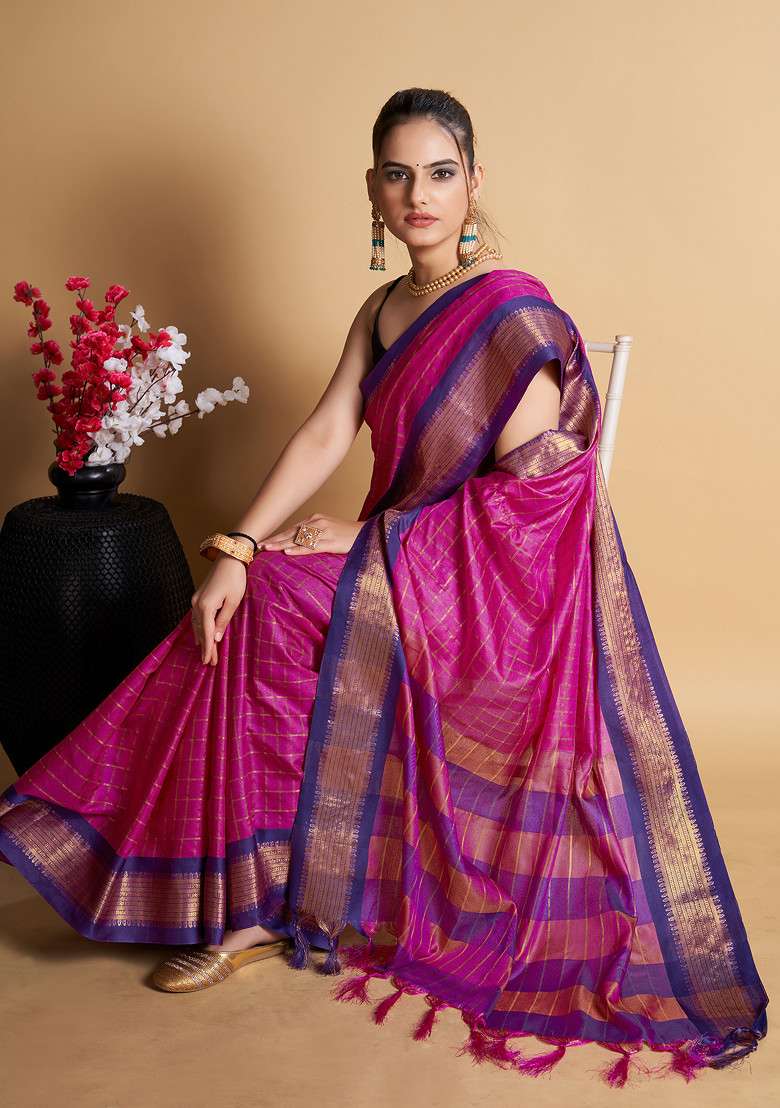 Rani Pink Woven Soft Silk Saree Set for Diwali | Wedding & Festive Wear - Indya