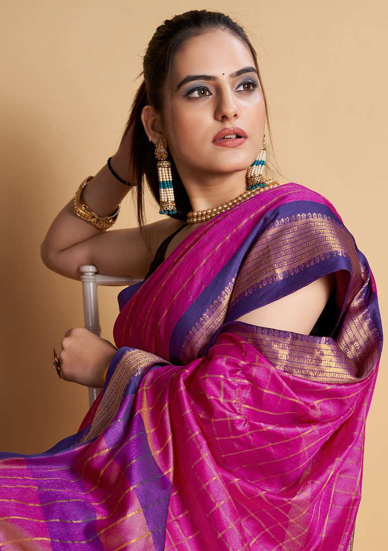 Rani Pink Woven Soft Silk Saree Set for Diwali | Wedding & Festive Wear - Indya