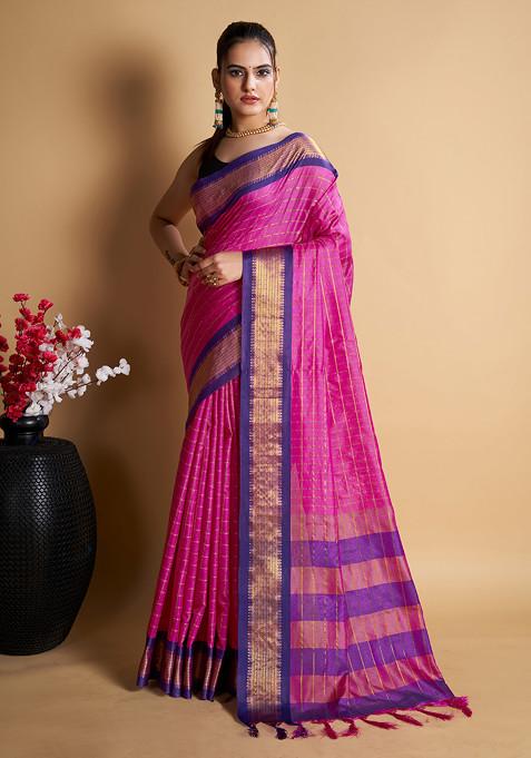 Rani Pink Woven Soft Silk Saree Set