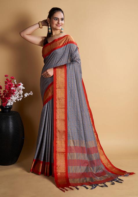 Grey Woven Soft Silk Saree Set