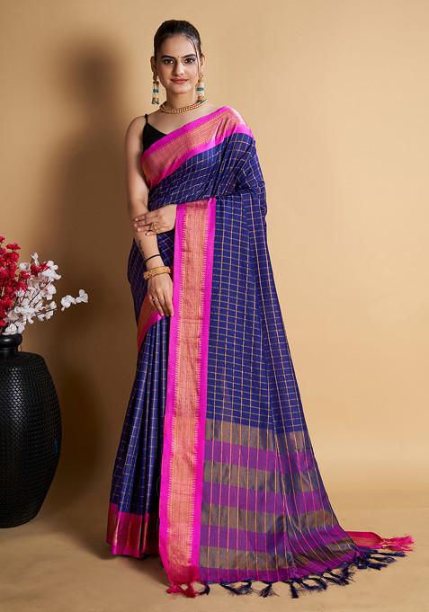 Navy Blue Woven Soft Silk Saree Set