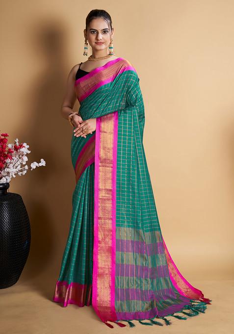 Teal Blue Woven Soft Silk Saree Set