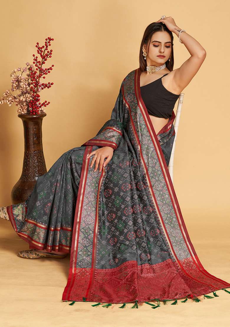 Grey Woven Patola Silk Saree Set for Diwali and Festive Wear - Indya