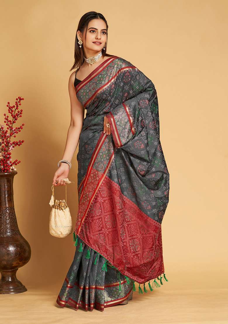 Grey Woven Patola Silk Saree Set for Diwali and Festive Wear - Indya