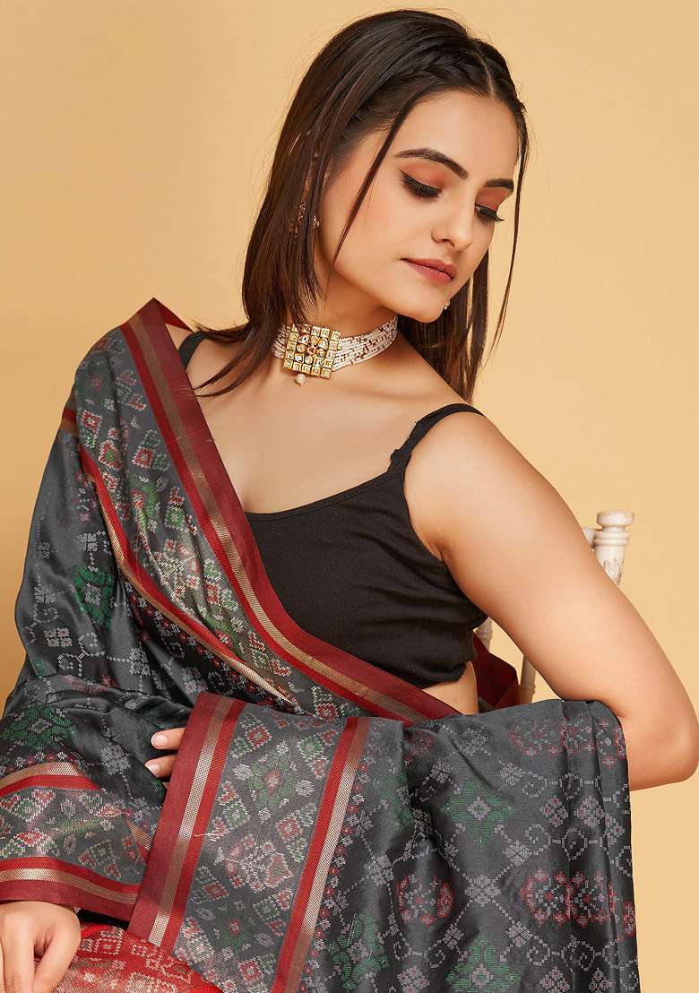 Grey Woven Patola Silk Saree Set for Diwali and Festive Wear - Indya