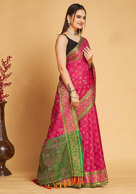 Pink Woven Patola Silk Saree Set