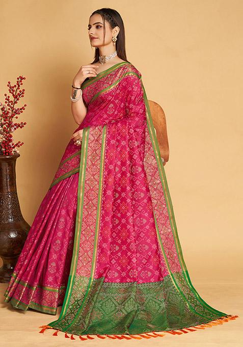 Pink Woven Patola Silk Saree Set