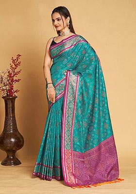 Teal Blue Woven Patola Silk Saree Set