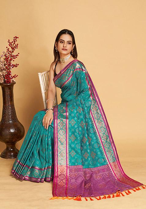 Teal Blue Woven Patola Silk Saree Set
